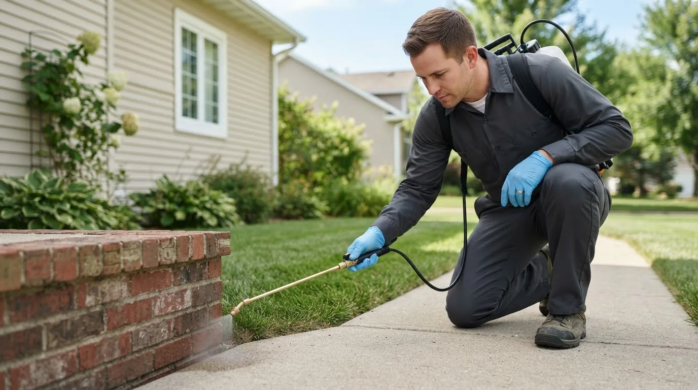 Pest control technician treating a home near Hilton, NY